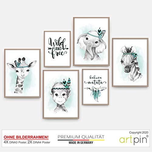 artpin® Set de pósteres DIN A3 para habitación infantil, decoración de pared, Safari, animales indios, color menta, P72