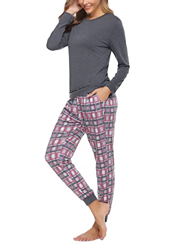 Aseniza Pijamas Mujer Invierno de Manga Larga de Algodón Ropa de Dormir Pantalones Pijamas Mujer 2 Pieza (Gris Oscuros，L