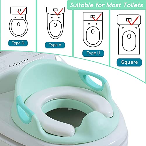 Asiento de inodoro para niños Reductor de WC para Bebé Tapa WC con reposabrazos, redondos y ovalados (verde)