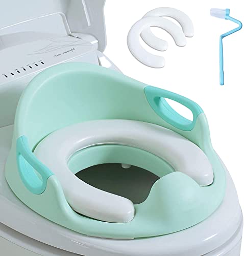 Asiento de inodoro para niños Reductor de WC para Bebé Tapa WC con reposabrazos, redondos y ovalados (verde)