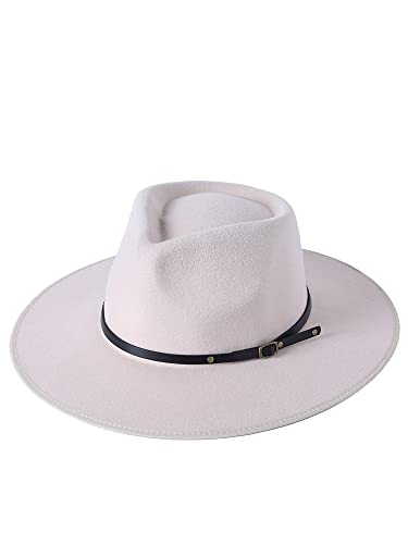 Aurlust Sombrero de moda para mujer, sombrero de Panamá de fieltro retro con hebilla de cinturón Boho, sombrero de lana de ala ancha Fedora para otoño invierno, beige, Talla única