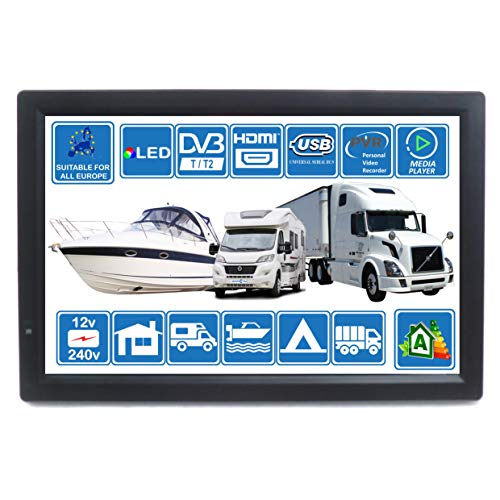 Autocaravana Caravana Barco Cocina 12 voltios 14 Pulgadas LED TV Digital HD DVB-T2. TDT y Toda la televisión de Europa. 12V 230V USB PVR y Reproductor Multimedia, Monitor CCTV HDMI de Unispectra®