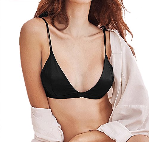 Awake Lingerie Elegante Bralette de Triángulo Satinado y Bragas, Sujetador Cruzado Strappy sin Aro sin Relleno, Conjunto de Lencería para Mujer (Medium, Negro)