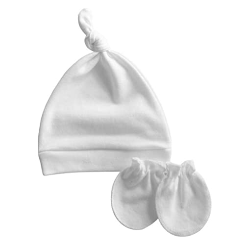 Baby Beanie Hats Soft Algodón Hospital Sombrero con Mitones Anti arañazos Guantes Blancos para niños