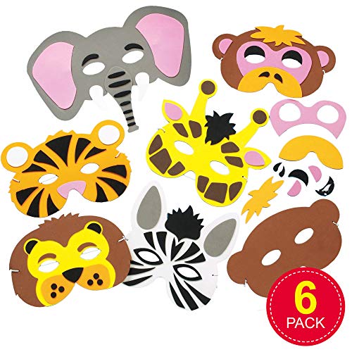 Baker Ross Kit de caretas de animales de la selva de espuma (mono, tigre, león, elefante, cebra, jirafa) que los niños pueden crear y usar (Paquete de 6).