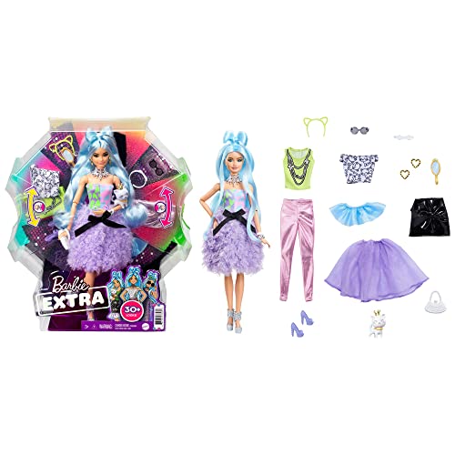 Barbie Extra Deluxe Muñeca articulada con pelo azul y 30 looks con ropa para muñecas, accesorios de juguete y mascota (Mattel GYJ69)