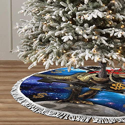 Base de la falda del árbol de Navidad, espacial gato montar dinosaurio con pistolas dólares, tapete de árbol de Navidad con adornos de borla para decoración de fiesta 36 pulgadas