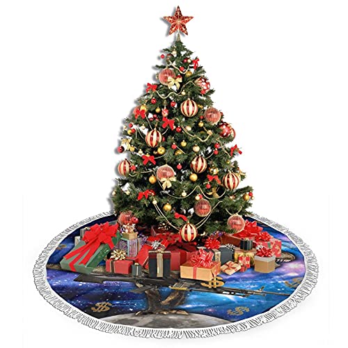 Base de la falda del árbol de Navidad, espacial gato montar dinosaurio con pistolas dólares, tapete de árbol de Navidad con adornos de borla para decoración de fiesta 36 pulgadas