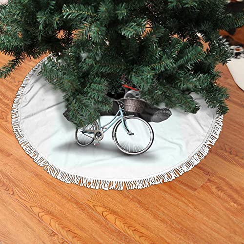 Base de la falda del árbol de Navidad, lindo panda montar en bicicleta de viaje, alfombrilla de árbol de Navidad con adornos de borla para fiesta de 36 pulgadas