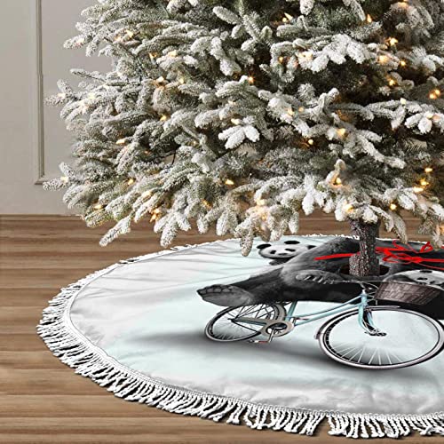 Base de la falda del árbol de Navidad, lindo panda montar en bicicleta de viaje, alfombrilla de árbol de Navidad con adornos de borla para fiesta de 36 pulgadas