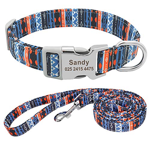 Beirui Juego de collar y correa de nailon personalizados, collares de estilo étnico suaves para perros pequeños, medianos y grandes, con hebilla ligera, M, rombóbico azul