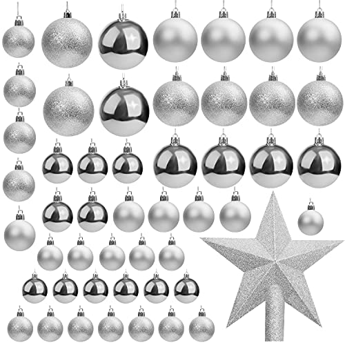 Belle Vous Bolas de Navidad Plateadas (Pack de 50) Tamaños Variados Bolas Navideñas con Brillo y Estrella de Navidad para la Punta - Adornos de Navidad Decor Fiestas Interior y Exterior