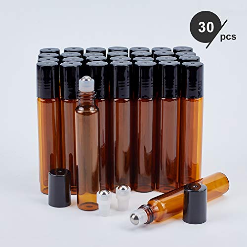 BENECREAT 30 Pack 10ml Botella de Vidrio Botellas de Rodillos de Aceites Esenciales Equipado con Cubierta Negra y 10 Pipetas, 4 Embudos, 1 Abridor