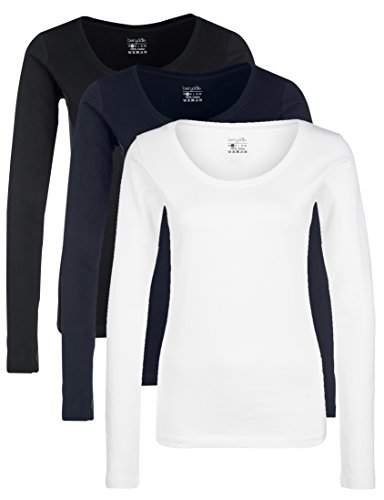 Berydale Camiseta de manga larga con cuello redondo de 100 % algodón, Mujeres, Negro / Blanco / Azul marino (paquete de 3), L