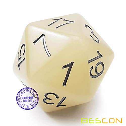Bescon Jumbo Glowing D20 38MM, Big Size 20 Sides Dice Iced Blue Glow In Dark, Big 20 Faces Cube 1.5 Inch
