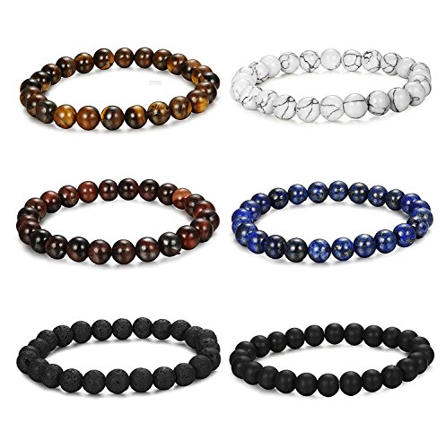 Besteel 6Piezas 8-10MM Piedra Pulsera para Hombre Mujer Cuentas Pulsera Brazalete Bolas, Elástico