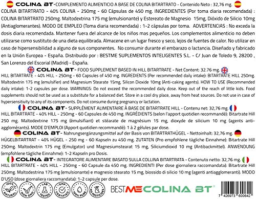 Bestme Colina Bt ✔ Bitartrato de Colina 250 Mg. Nootrópico Natural para la Memoria y Concentración . Nutriente Esencial Precursor de la Acetilcolina . 60 Cápsulas