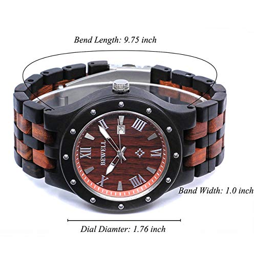 Bewell Vintage Hombres De Madera Reloj De Cuarzo Grandes Relojes De Cuarzo 30m Impermeable 109A (Madera negra africana y sándalo rojo)