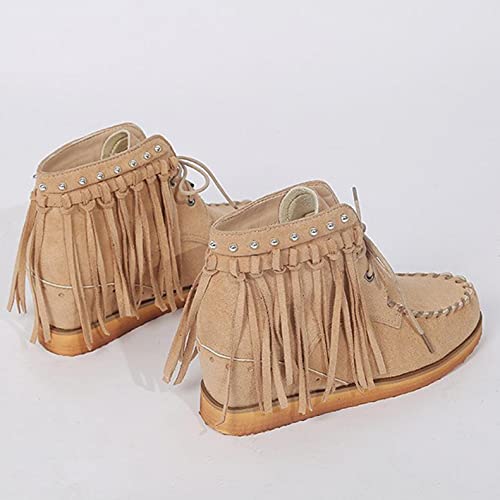 Binggong Botas de flecos vintage para mujer, clásicas botines romanos, tacón plano, botines con cordones, tallas grandes, redondas, botines bonitos botines para mujer