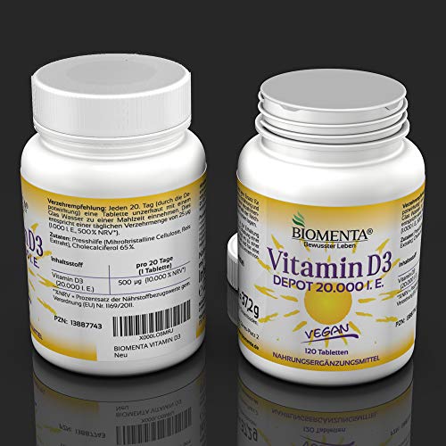 BIOMENTA Vitamina D3 dosis alta - vegana - 20.000 UI por tableta de vitamina D - Depósito 1 tab. Vitamina D / 20 días - 120 tabletas de vitamina D3 elaboradas con colecalciferol
