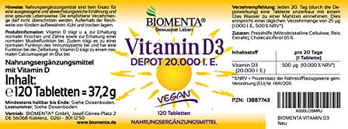 BIOMENTA Vitamina D3 dosis alta - vegana - 20.000 UI por tableta de vitamina D - Depósito 1 tab. Vitamina D / 20 días - 120 tabletas de vitamina D3 elaboradas con colecalciferol