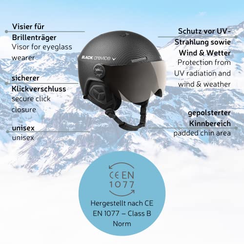 BLACK CREVICE Casco de esquí Gstaad I Casco de esquí con Visera I para Hombres y Mujeres I Casco de ski de policarbonato I Casco Transpirable I Talla Ajustable (Negro/Azul, S/M)