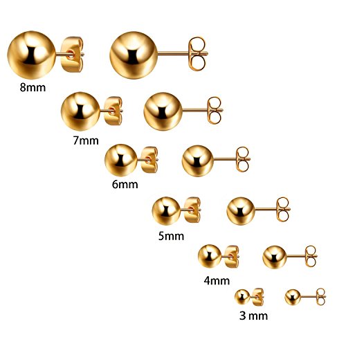 Bliqniq 6 pares de Pendientes Mujer Hombre en forma Bola redondo de moda de Acero inoxidable de 3-8mm oro
