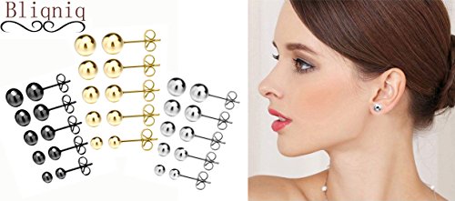 Bliqniq 6 pares de Pendientes Mujer Hombre en forma Bola redondo de moda de Acero inoxidable de 3-8mm oro