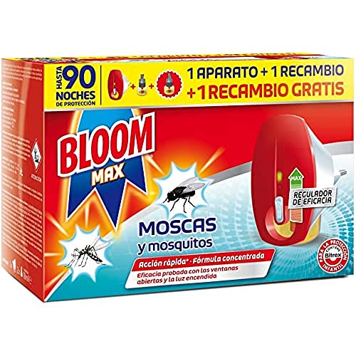 Bloom Max Insecticida Electrico Líquido contra moscas, y mosquitos común y tigre - Pack de 1 Aparato + 2 recambios