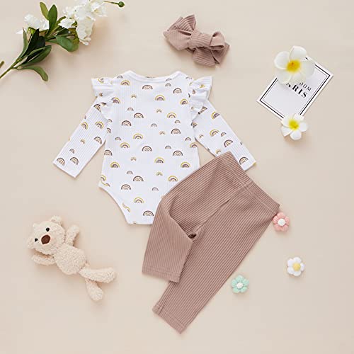 BOBORA Newborn Baby Girl 3PCs Long Sleeve Rainbow Knitted Cotton Romper + Solid Cotton Pants + Headband for 0-12Months