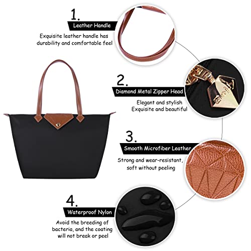 BOJLY Bolsos Totes para Mujer, Bolsos para las mujeres Diamante Nylon Tote Bag Ladies Shopping Plegable Tote Bolsa de viaje de playa Impermeable Casual Negro Grande