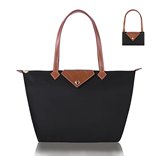 BOJLY Bolsos Totes para Mujer, Bolsos para las mujeres Diamante Nylon Tote Bag Ladies Shopping Plegable Tote Bolsa de viaje de playa Impermeable Casual Negro Grande