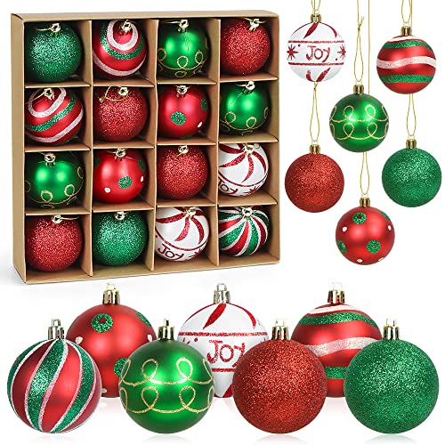 Bolas de Navidad Rojo Verde Blanco, Bolas de Navidad Grandes 6cm, Adornos árbol de Navidad 16PCS, Navidad Esferas de Plastico, Pintado Bolas Adornos, Decoraciones para Festivales