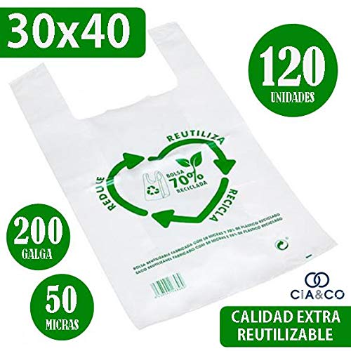Bolsas de Plástico Tipo Camiseta Resistentes, Reutilizables y 70% Recicladas | Galga 200 | Tamaño L 35x50 cm | Gran Resistencia - 120 uds | 70% Recicladas | Cumple Normativas | Aptas Uso Alimentario