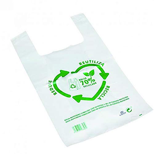 Bolsas de Plástico Tipo Camiseta Resistentes, Reutilizables y Recicladas | Galga 200 | Tamaño XL 42x53 cm | 2 Kg - 100 uds Aprox. | 70% Recicladas | Cumple Normativa | Aptas Uso Alimentario | Verdes