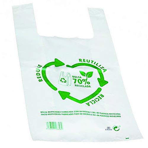 Bolsas de Plástico Tipo Camiseta Resistentes, Reutilizables y Recicladas | Galga 200 | Tamaño XL 42x53 cm | 2 Kg - 100 uds Aprox. | 70% Recicladas | Cumple Normativa | Aptas Uso Alimentario | Verdes