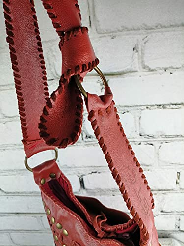 Bolso Piel Rojo Mujer Flecos Diseño Boho-Hippie