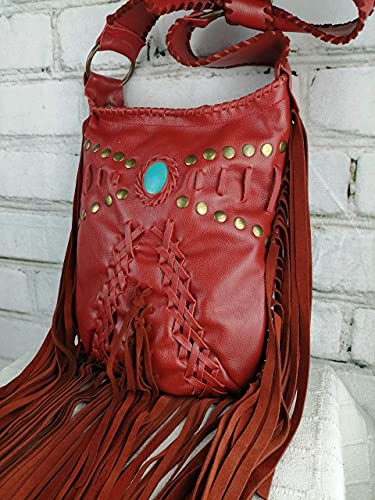 Bolso Piel Rojo Mujer Flecos Diseño Boho-Hippie