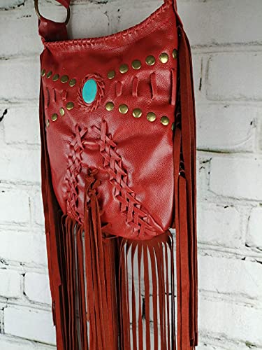 Bolso Piel Rojo Mujer Flecos Diseño Boho-Hippie