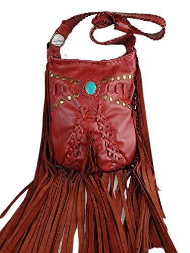 Bolso Piel Rojo Mujer Flecos Diseño Boho-Hippie