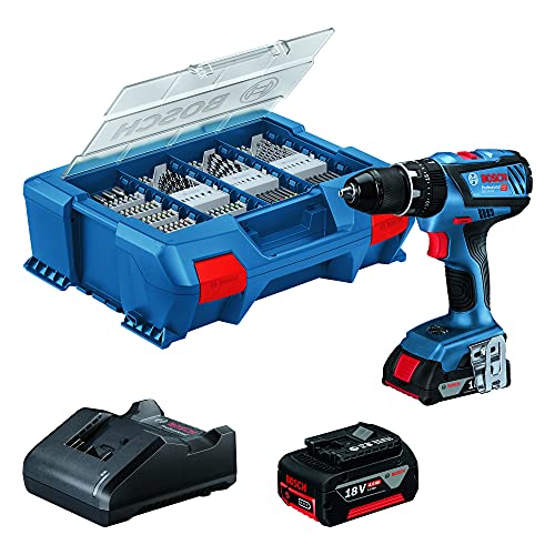 Bosch Professional 18 V System Taladro Percutor a Batería GSB 18 V-28, 1 Batería 2.0 Ah, 1 Batería 4.0 Ah, Cargador GAL 18 V-20, L-Case Pick & Click con Set Accesorios de 100 uds, Amazon Exclusive Set