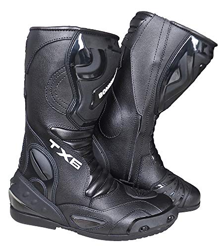 Botas de motocicleta Hombre, botas de cuero deportivas, impermeables, de cuero, protectores rígidos integrados estables, con protección de tobillo, negro, 41