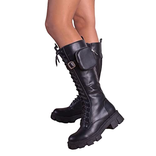 Botas Militares De Mujer Acordonadas Botas Calientes de Invierno Impermeables Zapatos Con Tacón Ancho De 5 cm Botines De Caña Alta Y Ancha Bota De Piel Con Bolsillos Extraibles (numeric_40)