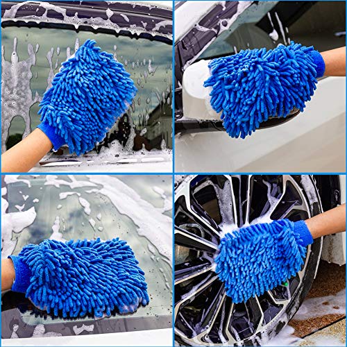 BOUNDAIR 3 Pcs Guantes de Limpieza de Chenilla Mitón para Lavado de Coche Guantes de Toalla Limpieza de Microfibra sin Arañazos Guantes, para Limpieza De Cocinas Y AutomóViles (Azul)