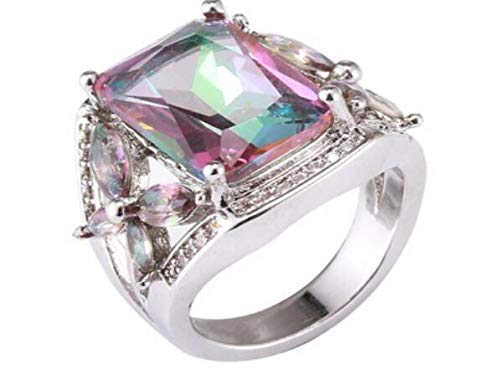 BQZB Ring Anillo de Boda de Piedra del Ojo del Caballo del Ojo del Caballo Colorido para Las Mujeres 925 de Plata Micro-con Incrustaciones de simulación Anillo de la joyería del Arco Iris Anillo de c