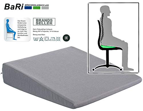 Brandsseller - Cojín en forma de cuña para silla, asiento de coche, silla de oficina (38 x 38 x 8/2 cm), algodón, gris, 38 cm x 38 x 8/2 cm