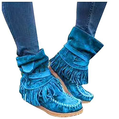 Briskorry Botines de mujer elegantes con tacón plano, cómodos, de ante y borlas, para otoño e invierno, botas de tobillo