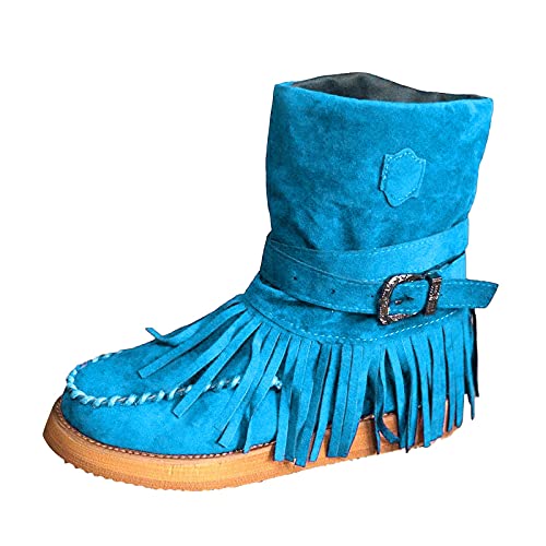 Briskorry Botines de mujer elegantes con tacón plano, cómodos, de ante y borlas, para otoño e invierno, botas de tobillo