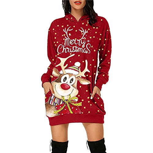 Briskorry Vestido de Navidad para mujer, adolescente, niña, minivestido, de manga larga, con diseño de Papá Noel, muñeco de nieve, vestido de noche, vestido de Navidad, Rudolph, reno, rojo, M