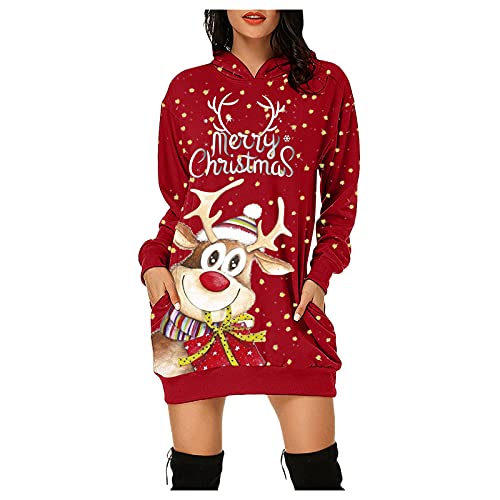 Briskorry Vestido de Navidad para mujer, adolescente, niña, minivestido, de manga larga, con diseño de Papá Noel, muñeco de nieve, vestido de noche, vestido de Navidad, Rudolph, reno, rojo, M